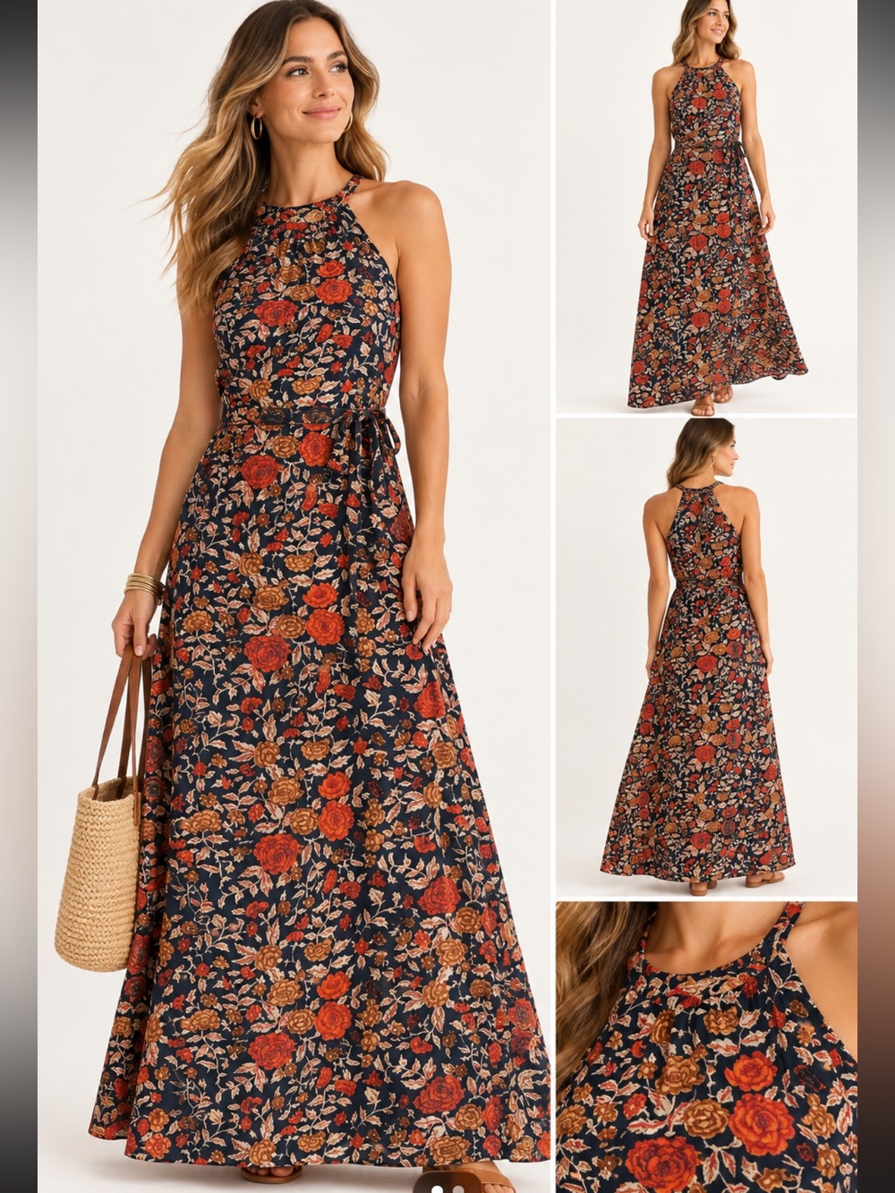 Floral lucky brand Halter Maxi Dress - Navy with Rust & Tan Floral
